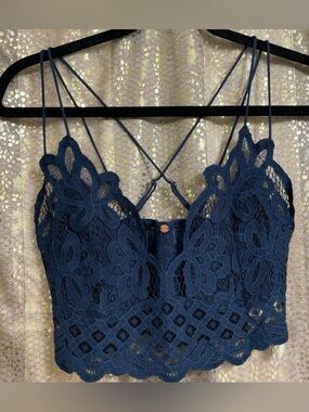 Free People Adella Bralette Crochet Ruched Floral Lace Navy Blue Small NWT